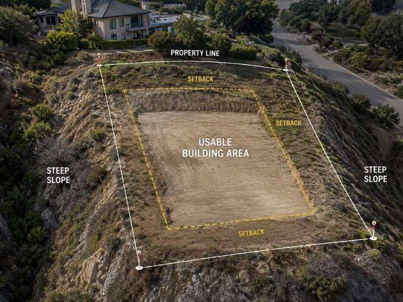 Boundary survey showing the usable building area between property setbacks and steep slopes on a hillside lot.