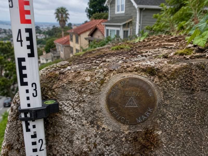Survey level rod beside a recovered brass benchmark on an old hillside retaining wall