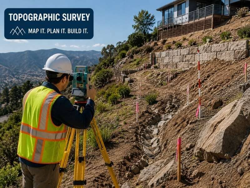 Land surveyor measuring contours, drainage features, rock outcrops, and retaining walls on a steep hillside building site.