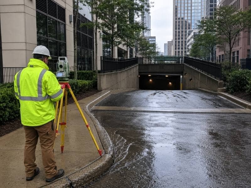 Underground garage ramp with a raised entrance crest and trench drain designed to block stormwater runoff