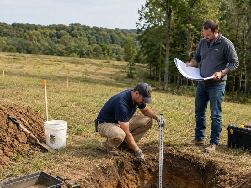Perc test in Cincinnati OH showing a soil professional evaluating soil conditions and drainage on a building lot for septic system planning.