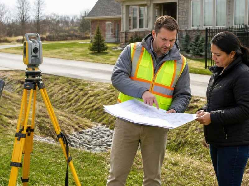 Property land survey in Cincinnati OH showing a surveyor reviewing boundaries, site features, elevations, and other property conditions before planned work.
