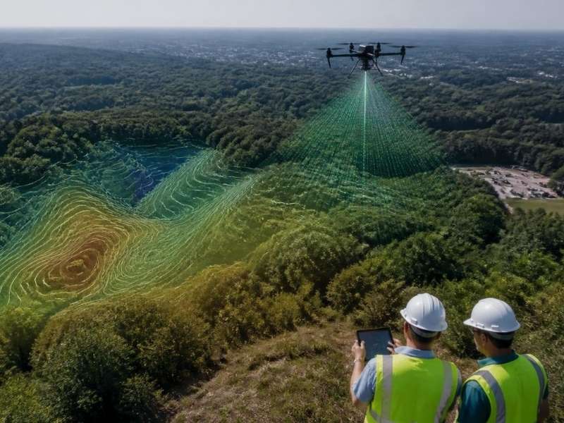 Aerial LiDAR mapping revealing hidden terrain beneath dense trees for land development planning in Cincinnati, OH.