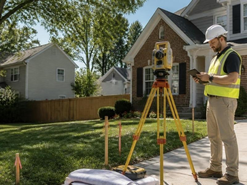 Land surveyor in Cincinnati, OH, reviewing property information and surveying equipment before beginning a residential survey project.